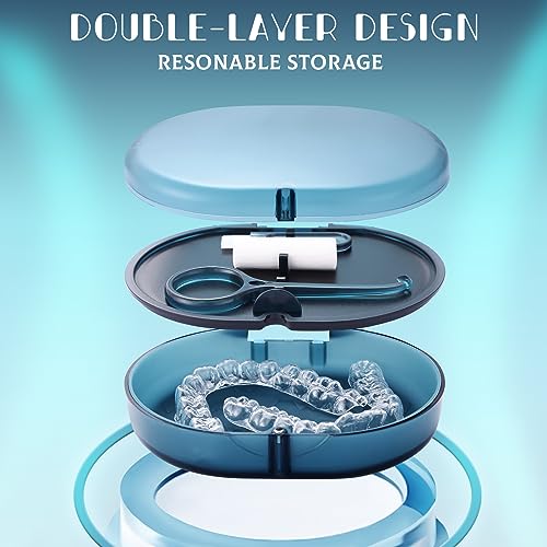 New Double-layer Retainer Storage Case with Belt Chewing,Removal Tool,Cleaning Brush,Built in Mirror Orthodontic Retainer Case - color: blue