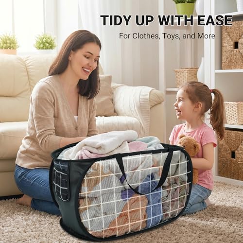Collapsible Laundry Baskets with Side Pocket, Mesh Pop Up Clothes Hamper for Laundry, Foldable Laundry Basket Storage Hamper with Reinforced Handles for Clothes, Toys, Home, Dorm -Grid Print, Black - color: black