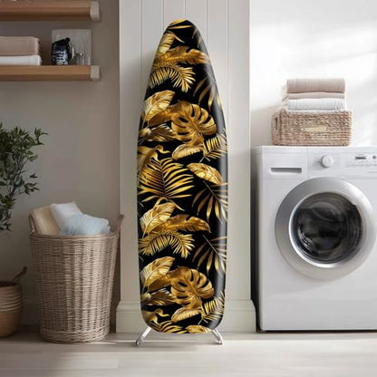 HOMETITUTE Luxury Black Gold Leaf Ironing Board Cover Stretch Fabric with Elasticity Velcro Fastening Modern Metallic Leaf Ironing Board Cover 15x54 Inches Home Decor - color: Y25811043jh