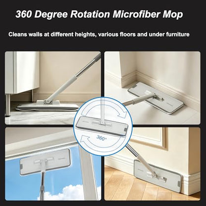 Flat Mop and Bucket System with Wringer Set, Wet Dry Separation Mop and Bucket Set for Hardwood, Vinyl Tile Floor, Wall Cleaner Mop for Household&Commercial Cleaning (Grey)