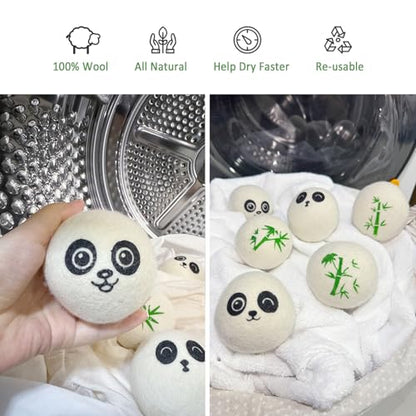 Wool Dryer Balls Laundry Reusable, 100% Natural New Zealand Wool Balls for Dryer, 6 in 1 Pack (Panda)
