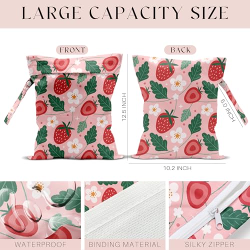 Wet Bag, Wet Dry Bag, Waterproof Swim Bags, Machine Washable Reusable Bags for Beach, Pool, Diapers, and Dirty Yoga Gym Clothes(Pink Background with White and Strawberry - color: Fresh Pink Strawberry & Blossom Branch