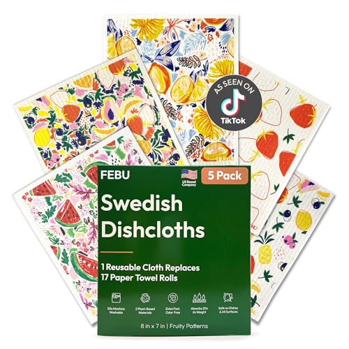 FEBU Swedish Dishcloths for Kitchen, 5 Pack, Fruit Pattern - color: Fruity