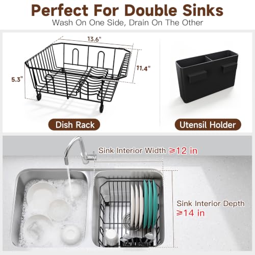 JASIWAY in Sink Dish Drying Rack, Stainless Steel Small Black Dish Drainer - color: Black, size: For 12"W x 14"D Double Sink Bottom