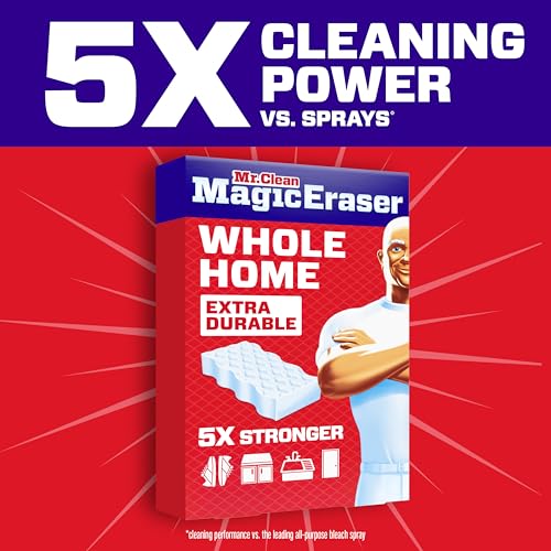 Mr. Clean Magic Eraser Sponge, All Purpose Cleaner, Cleaning Scrubber, Wall, Sneaker, Kitchen, Bathroom, Shower Cleaner, Cleaning Supplies, Melamine Sponge, Cleaning Pads, Extra Durable, 4ct