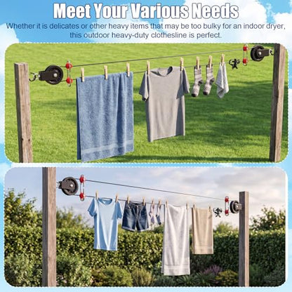 Hicarer 150ft Outdoor Clothesline Kit Black PVC Coated Galvanized Clothes Steel Line Pulley Kit with Clothesline Heavy Duty Nylon Pulley M10 Metal Hooks Winch Separator Clothes Line for Backyard