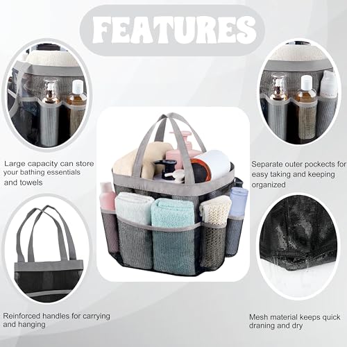 Mesh Shower Caddy Portable - 9 Pockets, Shower Bag for Dorm Room Camping - color: Grey