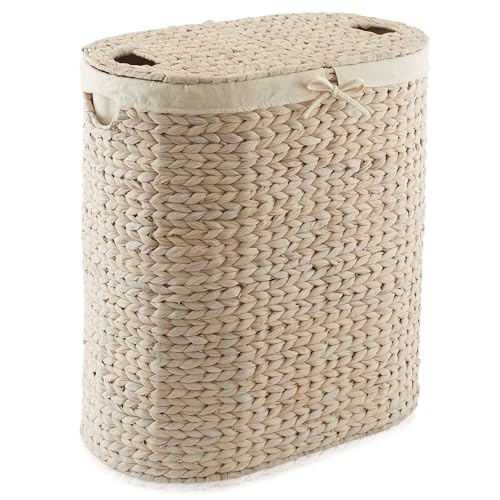 Casafield Oval Laundry Hamper with Lids and Removable Liner Bags - Whitewash White, Woven Water Hyacinth 2-Section Laundry Basket Clothes Sorter - color: Whitewash