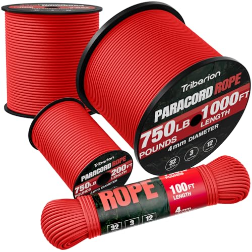 Paracord Rope 750 lb - 100ft 5/32" Parachute Cord 4MM 12-Strand para Cord - Heavy Duty Spool String for Survival,Camping Gear, Survival Bracelet, Clothesline - Red - color: Red, size: 100ft