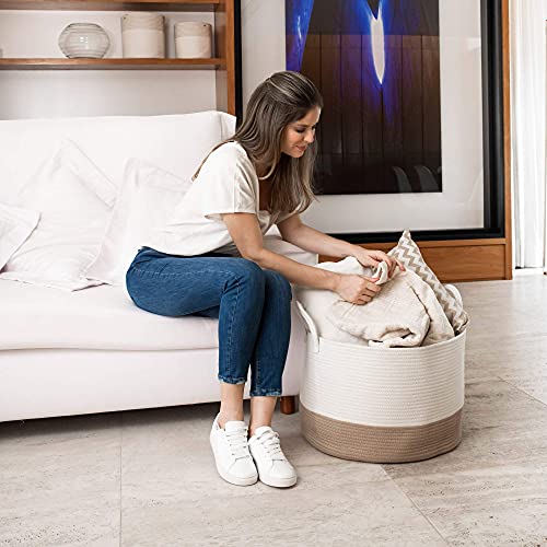 OrganiHaus Round Toy Basket & Blanket Basket, Cotton Rope 20x13" - color: Honey / Off-White, size: Wide