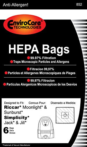 EnviroCare Replacement HEPA Filtration Vacuum Cleaner Dust Bags made to fit Riccar Moonlight and Sunburst. Simplicity Jack and Jill Canisters 6 pack