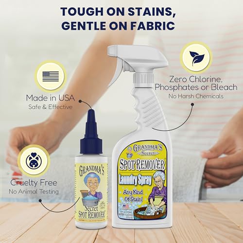 Grandma's Secret Laundry Spray - Chlorine, Bleach and Toxin-Free Stain Remover for Clothes - Fabric Stain Remover Removes Oil, Paint, Blood and Pet Stains – 16 Ounce - size: 16.00 Fl Oz (Pack of 1), style: Spot Remover