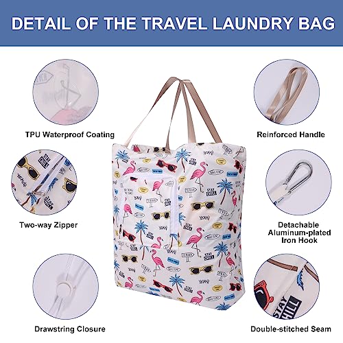 2 Pack Travel Laundry Bag with Handle and Drawstring, Expandable Foldable Dirty Clothes Bags with Hook and Zipper, 23*20 inch, Vacation - color: Vacation