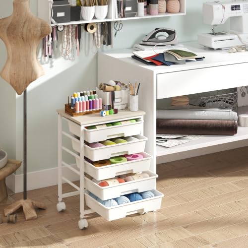 Giantex 5 Drawers Rolling Cart with Wheels, Wood Top, Sturdy Frame - color: White, size: 5 Drawer-15"x11"x21"
