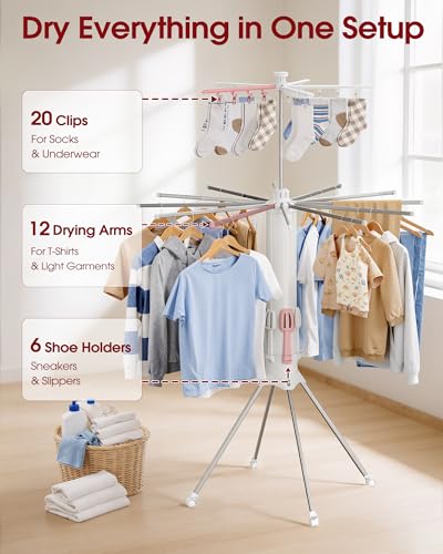 Sakugi Foldable Clothes Drying Rack, 12 Steel Arms, Silent Wheels, 71" H