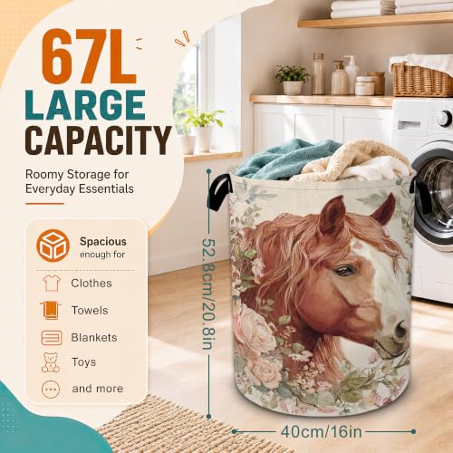 Horse Laundry Basket with Handles,Vintage Pink Rose Foldable Oxford Laundry Hamper,Collapsible Clothes Storage Basket for Laundry Room/Bathroom/Bedroom/Dormitories 20.8 x 16 Inches - color: Horse Vintage Pink Rose