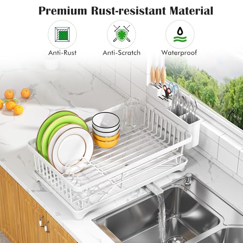 Kmiectse Dish Drying Rack for Small Kitchen Counter with Utensil Holder - color: White