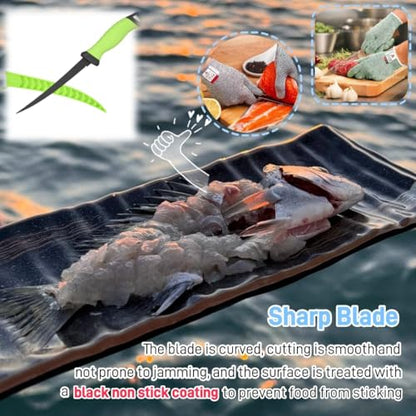 Fishing Knife Set, Fish Cleaning Kit, Filet Knife for Fish, Fish Scale Cleaning Brush, Multi-Functional Scissors, Gloves, Fishbone Tweezers, Storage Bag,Fishing Accessories,Fishing Tool Kit - size: 7PCS-Green