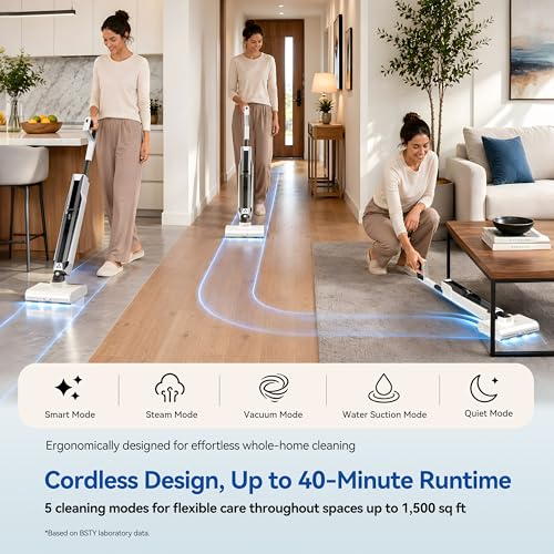 Dual-Chamber Wet Dry Vacuum Cleaner, 20,000Pa Suction, 392°F Steam Cleaning, Wet Dry Vacuum Mop with Smart App Control, Self-Cleaning & 40min Runtime, Ideal for Home & Pet Hair Cleaning, White