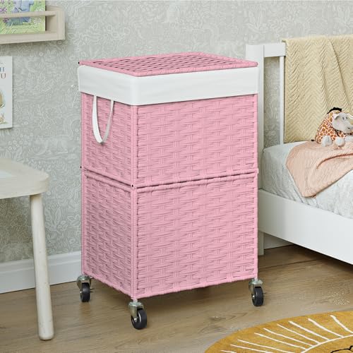 Chrislley Wicker Laundry Basket with Wheels,Rolling Laundry Hamper with Lid - color: Pink