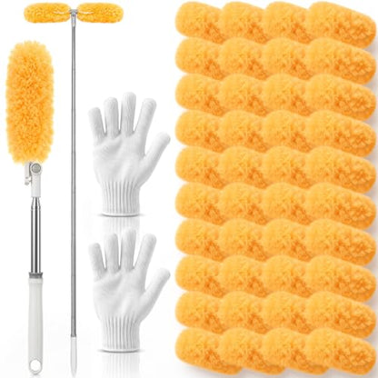 40 Pcs Heavy Duty Duster Refills with 6 ft Extendable Handle and 1 Pair of Gloves, Compatible with Swiffer 360° Disposable Microfiber Feather Dusters Kit for Cleaning Home(Orange) - color: Orange