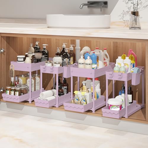 Sevenblue 4-Pack 2-Tier Under Sink Organizer with Pull Out Drawers - color: Pink, size: 14.8 Inch