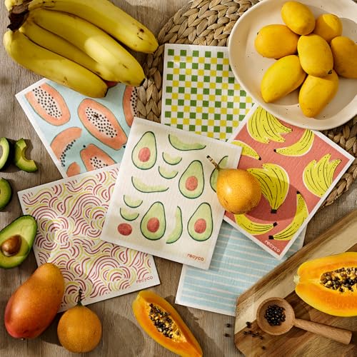 RECYCO Swedish Dishcloths for Kitchen | 6 Packs Fruit Joy Washable Dish Rags | Cellulose Reusable Cleaning Paper Towels | Absorbent Counter Dish Cloth Sponge Kitchen Wipes, 8" L x 7" W - color: Fruit Joy - 6 Pack