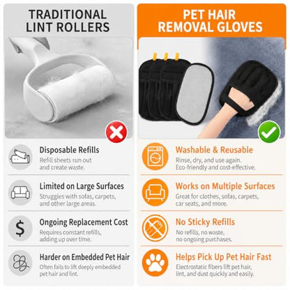 4PCS Pet Hair Removal Gloves for Dogs and Cats, Reusable Pet Hair Remover for Couch, Clothes, Carpet and Car Seats, Washable Electrostatic Grooming Gloves for Pet Shedding Hair - color: black 4pcs