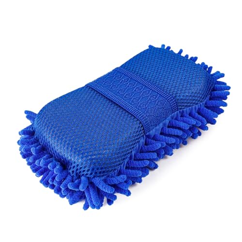 Microfiber Car Wash Sponge, Scratch-Free Vehicle Washing Mitt with Chenille & Mesh Sides, Highly Absorbent Sponge Lint-Free Cleaning Tool for Car Washing & Detailing (Blue) - color: Blue, 1 Pcs