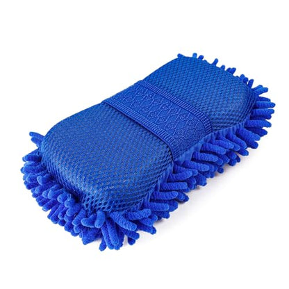 Microfiber Car Wash Sponge, Scratch-Free Vehicle Washing Mitt with Chenille & Mesh Sides, Highly Absorbent Sponge Lint-Free Cleaning Tool for Car Washing & Detailing (Blue) - color: Blue, 1 Pcs
