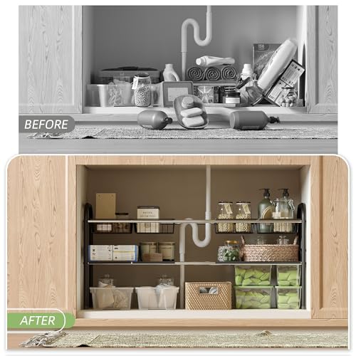 Under Sink Organizers and Storage,Expandable under cabinet organizer Shelf - size: 4 Panels and 4 Baskets