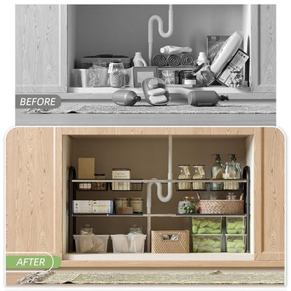 Under Sink Organizers and Storage,Expandable under cabinet organizer Shelf - size: 4 Panels and 4 Baskets