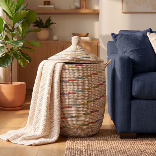 Large Woven Basket for Blankets, Clothes, Toys and Storage, Wicker Storage Basket for Living Room, 18" W x 23" H, Colors on White - color: White Color Swirl