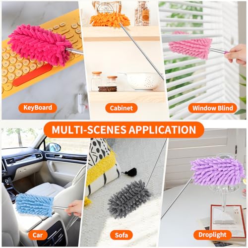 Mini Duster for Cleaning, 360° Bendable Hand Dusters with Extension Pole, Washable Small Duster for Car Interior, Office, Furniture - color: 3 Pack Blue Grey Green