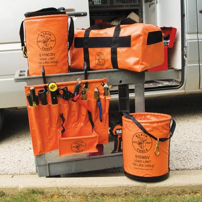 Klein Tools 5109CSV Tool Bucket, Top Closing Vinyl Lineman Bucket with Swivel Snap and Web Handle, 12-Inch, 100-Pound Load Rated Tool Holder - style: Top Closing Vinyl with Swivel Snap Hook