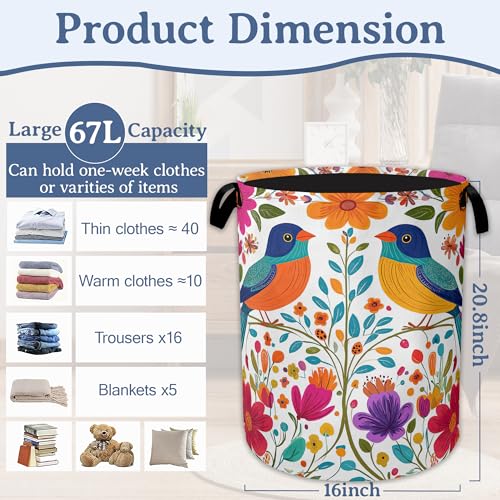Bird Flower Laundry Basket,Oxford Cloth Mexico Laundry Hamper With Handle Foldable Portable Clothes Storage Basket for Laundry Room/Bedroom/Bathroom 20.8"x16" - color: Bird Flower Mexico