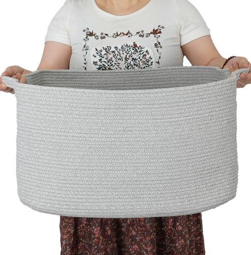 XUANGUO Large Rectangle Woven Cotton Rope Blanket Basket 22"x17"x12" Gray - color: grey