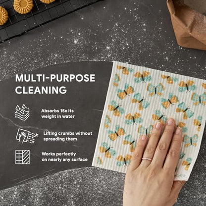 RECYCO Swedish Dishcloths for Kitchen | 5 Pack Gingham Flutter Washable Dish Rags | Cellulose Reusable Cleaning Paper Towels | Absorbent Counter Dish Cloth Sponge Kitchen Wipes, 8" L x 7" W - color: Gingham Flutter - 5 Pack