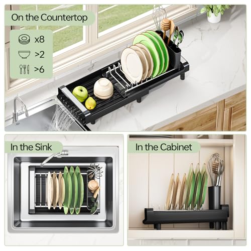 TOOLF Small Dish Drying Rack, Expandable and Space-Saving, Matte Black - color: Matte Black