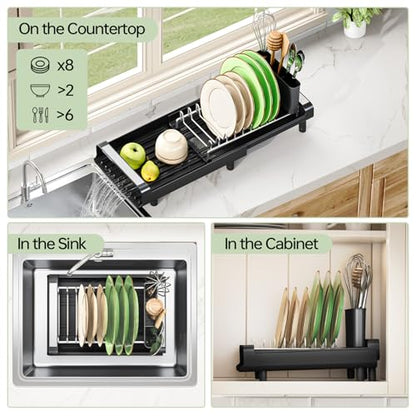 TOOLF Small Dish Drying Rack, Expandable and Space-Saving, Matte Black - color: Matte Black