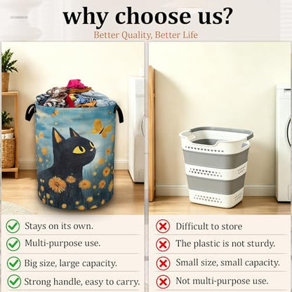 Black Cat Laundry Hamper with Sturdy Handles, Collapsible Laundry Basket, Waterproof Clothes Storage Organizer, Large Capacity for Bathroom Bedroom - color: Black Cat in Flower