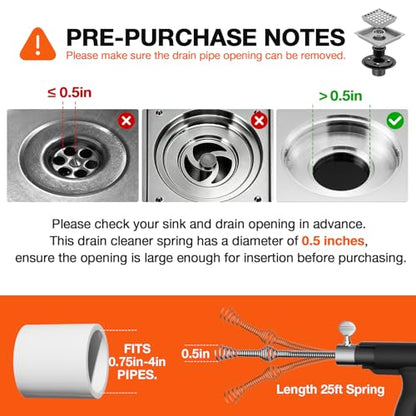 25FT Plumbing Drain Auger Snake, Multi-use Drain Cleaner & Pipe Hair Removal Tool, Drill Powered & Manual Type with Drill Adapter and Gloves for Sink, Shower Drain, Bathtub, Kitchen Sink