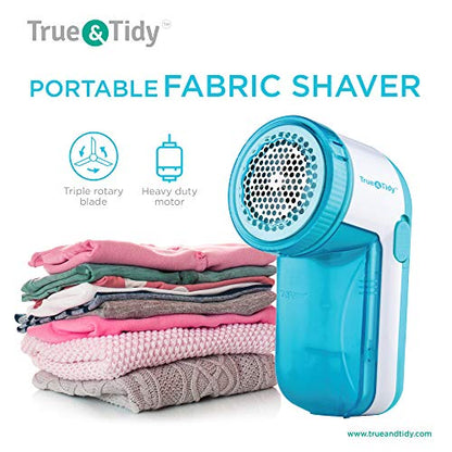 True & Tidy, Portable Fabric Shaver, Safely Removes Lint, Fabric Fluff and Fuzz Balls from All Types of Garments & Fabrics, LR-03, Aqua (Batteries not Included)