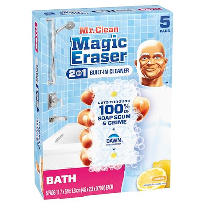 Mr. Clean Magic Eraser Sponge, Bathroom Cleaner, Shower Cleaner, Tub Cleaner, Soap Scum Remover, Bathroom Cleaning Supplies, Dawn Cleaning Power with Lemon Scent, 2 in 1 Bath, 5ct (Pack of 4) - size: 5 Count (Pack of 4), style: Original Version