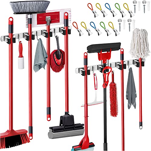 2 Pack Wall Mount Hanger for Brooms & Mops - Adhesive Stainless Steel Mop Hanger for Wall, 4 Clamps, 3 Hooks, 10 Towel Hanger Clips Including Mounting Hardware for Tools Organization - color: Clear