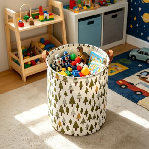 Foldable Waterproof Round Fabric Laundry Basket Home, Green forest - color: Round-Green forest
