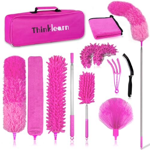 ThinkLearn Microfiber Dusters for Cleaning,14PCS Feather Dusters with Extension Pole,Bendable Washable and Extendable Duster for High Ceilings, Fans and Blinds House Cleaning Kit Pink Gift for Women | Extendable Pole, Bendable & Washable Duster, 5 Brush H
