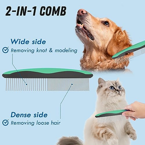 Docrok Pet Grooming Brush and Metal Comb Combo for Dogs & Cats, Green - color: Green