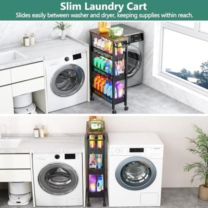 Vivihomety 4-Tier Slim Utility Rolling Laundry Cart with Wheels, Metal - color: Black, size: 7.1 inch wide