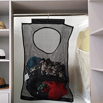 Hanging Mesh Laundry Hamper (30in*20in*2in) Large Dirty Clothes Bag, Can Be Used Behind The Door & Closet & Caravan& Bathroom (Black) - color: Black